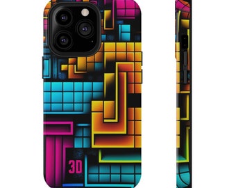 Phone Cases Impact-Resistant Tetrix 3D Geometric Shapes Illusion Video Game Style Bright Colors Orange Blue Pink iPhone Samsung