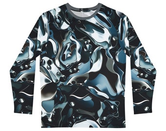 Psychedelic Men's Long Sleeve Shirt All Over Print Liquid Metal Camouflage Illusion Pattern Shades of Gray White Black Festival Streetwear