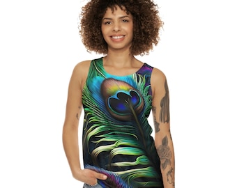 Tank Top All Over Print Pesky Peacock Unisex illusions biomimicry yoga dance festival rave fashion nature colorful green blue purple feather