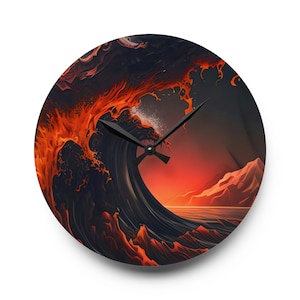 Horloge Murale Acrylique Lave Océan Vague Mauna Kea Style Hawaïen Magma Baril Volcan Fond Rouge Orange Noir Deux Tailles