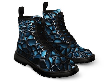 Men's Canvas Boots All Over Print Black Exo-Skeleton 3 Dimensional Illusion With Blue Interior Space Festival Footwear Rave