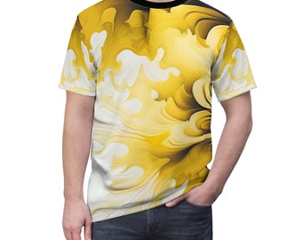 Psychedelic T-Shirt All Over Print Liquid Sunshine Yellow Fractal With Black Accent Rave Festival Street Style Short Sleeves