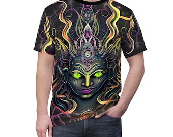 Psychedelic T-Shirt Unisex Tee All Over Print Shamanesses Women Bright Colors On Black Yellow Green Eyes Wild Hair Festival Fashion