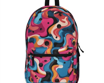 Backpack Waterproof All Over Print Psychedelic Camouflage Illusion Pattern Bright Colors Blue Orange Pink Black Unique Style Rave Festival