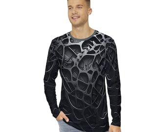 Men's Long Sleeve Shirt All Over Print Black & Grey Abstract Exoskeleton Illusion 3D Shades of Gradient Psychedelic Festival Style