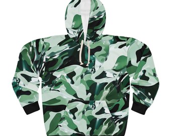Hoodie Unisex Pullover All Over Print Metallic Military Style Camouflage Shiny Green Black Grey Unique Style Streetwear Festival