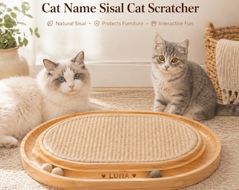 Personalized Wooden Sisal Cat Scratcher Toy, Interactive Ball Track, Custom Name Cat Pad