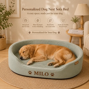 May include: A light green dog bed with the name "MILO" printed on the side. A golden retriever is sleeping inside the bed. The bed is on a woven mat. Text on the image reads "Personalized Dog Nest Sofa Bed" and "A cozy space, made just for your dog."