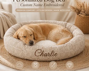 Personalized Dog Bed Custom Name Embroidered, Soft Washable Cushion, Puppy Cat Bed