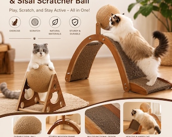 Handmade Wooden Cat Exercise Wheel, Sisal Scratcher Ball, 2-in-1 Activity Center