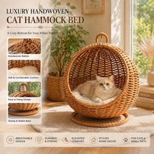 以下が含まれることがあります： ラタン製の高級手織り猫用ハンモックベッド。丸いオープン織りのデザインで、柔らかく快適なクッションと頑丈なベースが特徴です。猫や小型ペット向けに設計されています。「Luxury Handwoven Cat Hammock Bed」の文字があります。