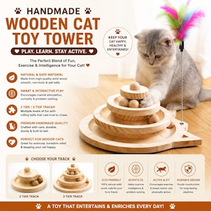Torre de juguetes de madera hecha a mano para gatos / Juguete interactivo con pista de bolas de 2 y 3 niveles / Rompecabezas de inteligencia para gatos / Juguete de ejercicio para gatos de interior