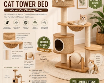 Handwoven Cat Tower Bed | Multi-Level Wicker Cat Condo, Breathable Indoor Furniture