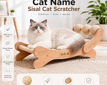 Personalized Sisal Cat Scratcher Bed, Wooden Interactive Hammock Lounge