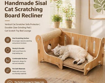 Rascador reclinable/protector de sofá vertical para gatos, de sisal hecho a mano, con almohadilla para afilar las garras, cama de juguete.