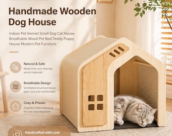 Caseta para perros de madera maciza hecha a mano: caseta moderna para mascotas, cama transpirable para interiores para mascotas pequeñas.