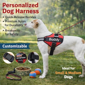 以下が含まれることがあります： 「Buddy」という名前が入った赤と黒のパーソナライズされた犬用ハーネス。ハーネスはクイックリリースバックル付きで、プレミアムナイロン製です。画像には犬、犬のおもちゃ、「カスタマイズ可能」という文字も表示されています。