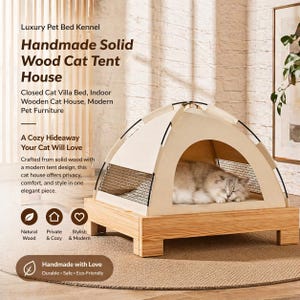 May include: A handmade solid wood cat tent house with a beige canvas tent top and a wooden base. The cat house has a mesh window and a sleeping cat inside. The text on the image says "Handmade Solid Wood Cat Tent House".
