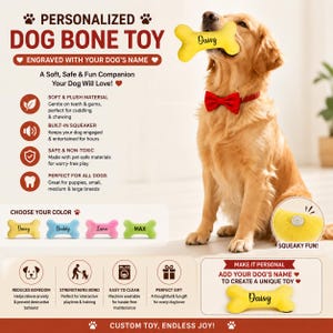 Peluche personalizado con forma de hueso para perros / Juguete masticable con sonido y nombre personalizado para mascotas
