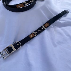 May include: A black leather dog collar and matching lead set featuring tan leather accents and silver-toned metal horse bit hardware. The collar includes a silver metal buckle and D-ring, while the lead has a silver metal swivel snap hook.