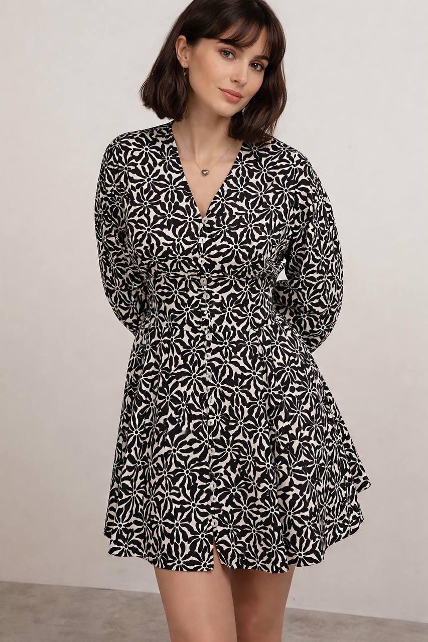 black and white floral mini dress Hemant And Nandita Aahi Black Floral Babydoll Mini Dress