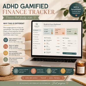 May include: A laptop displaying an ADHD Gamified Finance Tracker dashboard with sections for total saved, impulse spending avoided, and debt paid off. The screen shows recent transactions, a quick transaction form, and a sidebar menu.