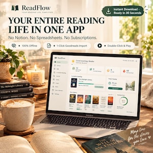 May include: A laptop displaying the ReadFlow app interface, featuring reading statistics, book covers, and progress bars. Text includes 'YOUR ENTIRE READING LIFE IN ONE APP', 'No Notion. No Spreadsheets. No Subscriptions.', and '100% Offline'.