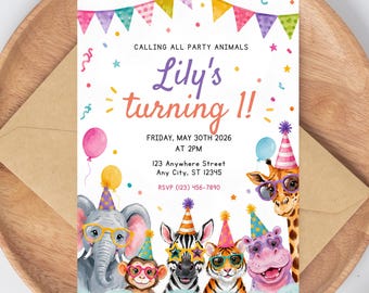 Calling All Party Animals Invitation, Editable Animals in Party Hats Any Age Instant Digital Download