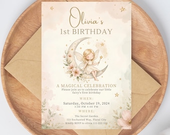 Editable Fairy First Birthday Invitation, Soft Pastel Floral 1st Birthday Party Printable Invite, Wildflower Fairy Garden Tea Party, Canva