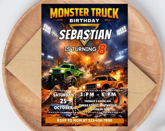 Monster Truck Invite, Editable Monster Truck Birthday Invitation Template For Boys, Trucks Birthday Invite, Monster Truck Invitation