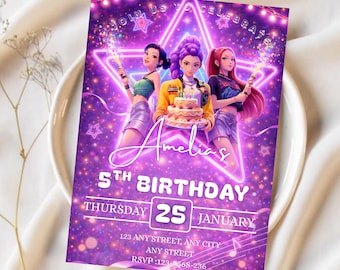 K-pop Demon Hunters Birthday Invitation, Editable Canva Template, Huntrix Golden, KPOP Printable Instant Digital Download