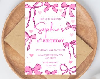 Pink Bow Birthday Invitation Coquette Girl Party Template, Pookie, (Instant Digital Download)
