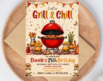 Editable Barbecue Birthday Invitation, BBQ Birthday Party, Barbecue Grill and Chill Invite, BBQ Invitation, Instant Digital Download