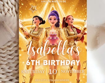 K-pop Demon Hunters Birthday Invitation | Editable Canva Template | Huntrix Golden Digital Bundle | Printable Party Decor