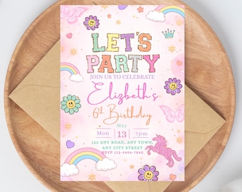 Let's Party Birthday Invitation Editable Canva Template Any Age Birthday Invite Pink Birthday Invite Girls Retro Birthday Party (Digital)