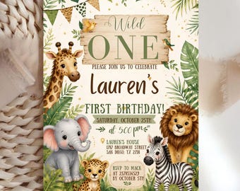 Safari Jungle First Birthday Invitation: Wild Zoo Animals (Digital Download) Kids Tropical Invite, Jungle Animals Party Canva Template