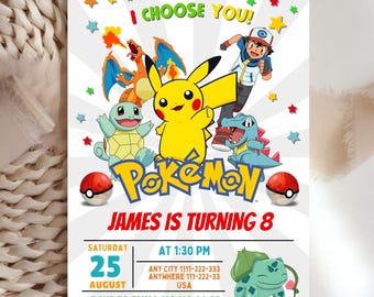 Pokémon Birthday Card, Red Yellow Cartoon Style, Editable Canva Invitation For Kids Party, Pikachu Theme, Instant Digital Download