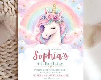 Unicorn Birthday Invitation, Unicorn Invitation, Rainbow Unicorn Birthday Invite, Pastel Unicorn Invitation Printable DIgital Download
