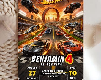 Hot Wheels Race Car Birthday Invitation, Editable Canva Template Digital Download, wheels invite, Canva Template
