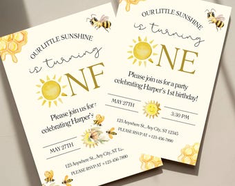 Editable Boho Sun First Birthday Invitation, One Happy Girl Retro 1st Birthday Party Invite, Instant Canva Template Digital Download