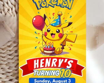 Editable Pokemon Birthday Invitation, Printable Pikachu Party Invite Card Digital Template for Kids Canva, Instant Digital Download
