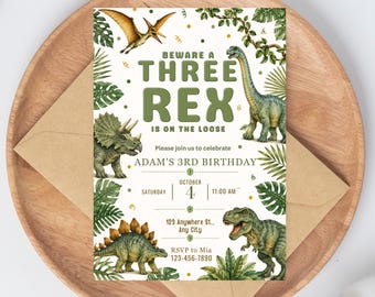 THREE REX Birthday Dinosaur Birthday Invitation Retro T Rex Checkered Invitation Editable Digital Invitation Template Instant Download Canva