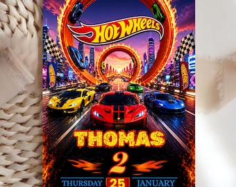 Invito di compleanno Hot Wheels per festa a tema auto da corsa, invito con ruote, modello di invito di compleanno per bambino, modello modificabile, download immediato