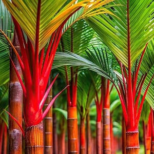 May include: A cluster of lipstick palms featuring vibrant red crownshafts and trunks that transition into textured brown bases. The palm trees have long, arching, bright green pinnate fronds that extend outward, creating a dense, layered canopy.
