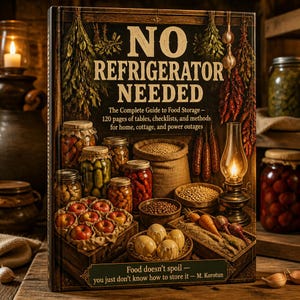 Peut inclure: Un livre relié intitulé No Refrigerator Needed, The Complete Guide to Food Storage, illustré de bocaux en verre remplis de conserves, de sacs de céréales, de pommes fraîches et d'une lampe à huile allumée sur une surface en bois rustique.