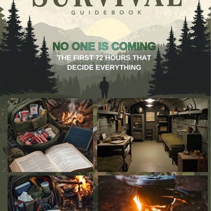 Może przedstawiać: Okładka poradnika przetrwania z tytułem "SURVIVAL GUIDEBOOK" i tekstem "NO ONE IS COMING THE FIRST 72 HOURS THAT DECIDE EVERYTHING". Obraz zawiera scenę leśną, osobę i sprzęt survivalowy.