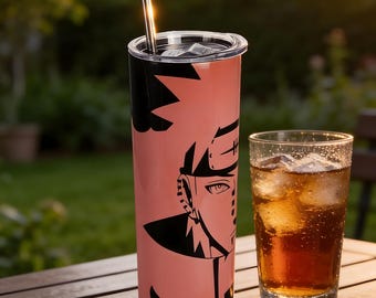 Red Anime Warrior Tumbler – Minimalist Pierced Face Design, Dark Drinkware