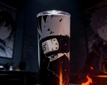Anime Ninja Tumbler 20oz – Monochrome Shadow Profile Design Cup with Straw