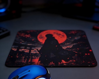 Anime Red Moon Shinobi Mouse Pad – Dark Samurai Gaming Desk Mat (7.9 x 9.4 inches)