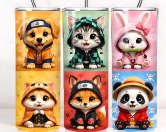 Chibi Anime Pet Tumbler Wrap | Puppy, Kitten, Bunny, Panda Sublimation Design (PNG)
